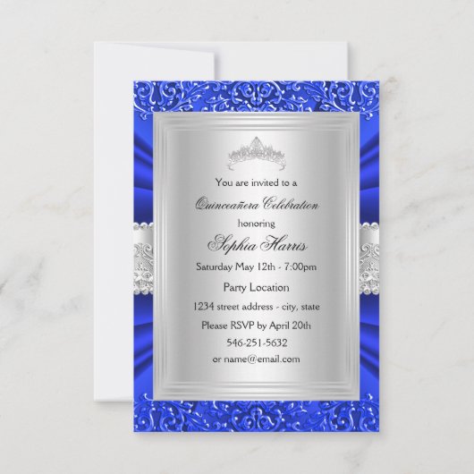 Blue Tiara & Damask Quinceanera Invitation (Dos)