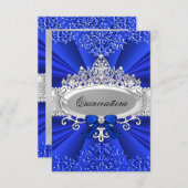 Blue Tiara & Damask Quinceanera Invitation (Devant / Derrière)