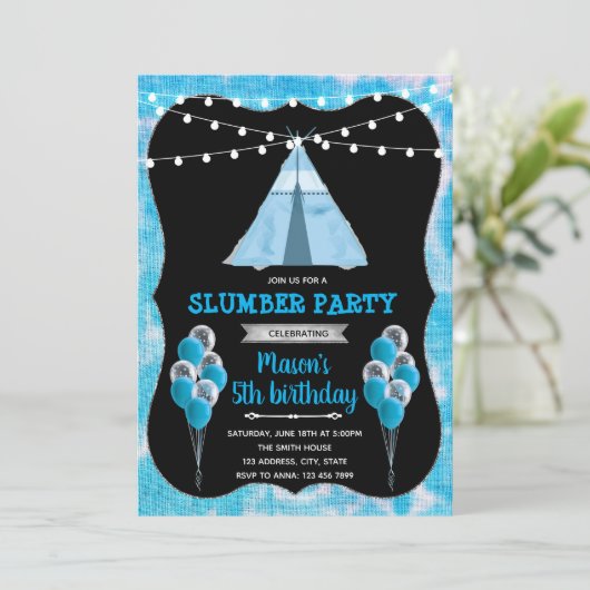 Blue tie dye slumber party kaart (Staand voorkant)