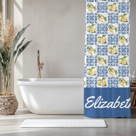 Blue Tile French Country Lemon Custom Name Douchegordijn