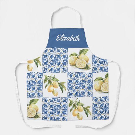Blue Tile French Country Lemon Custom Name Schort (Voorkant)