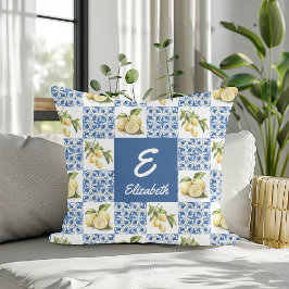 Blue Tile French Country Lemon Monogram Name Kussen