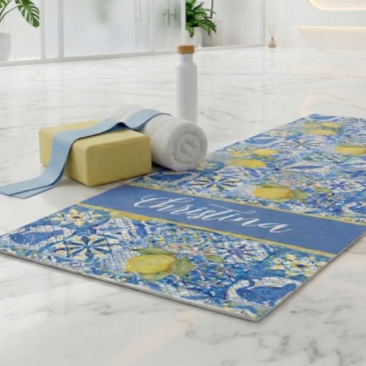 Blue Tile French Country Lemon Pattern Provencal Yogamat