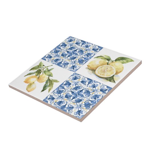 Blue Tile French Country Lemon Pattern Tile Tegeltje (Zijkant)
