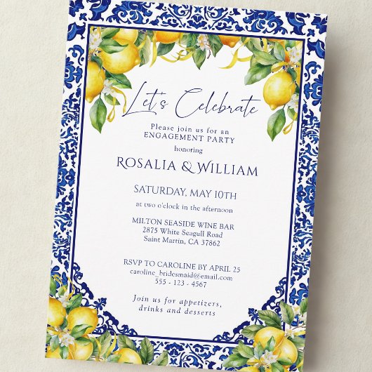 Blue Tile Lemon Mediterranean Engagement Party Kaart