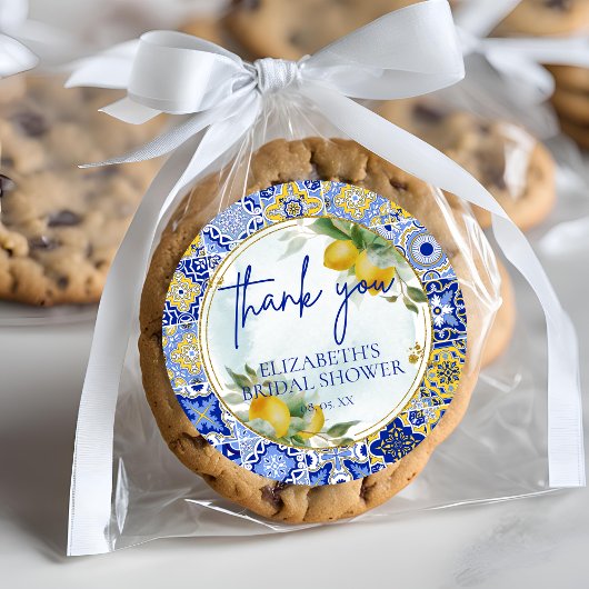 Blue Tile Lemons Script Dank je Bruidsmeisjesfeest Ronde Sticker