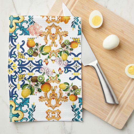 Blue tiles Mediterranean Floral Theedoek (Quarter Fold)