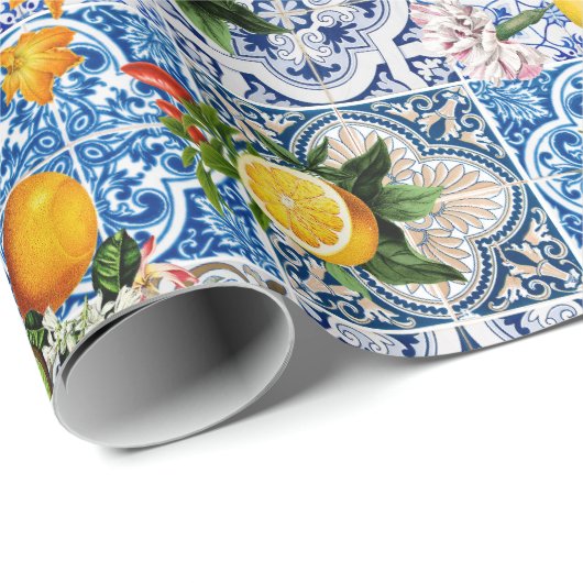 Blue Tiles Mediterranean Pattern Cadeaupapier (Rol Hoek)