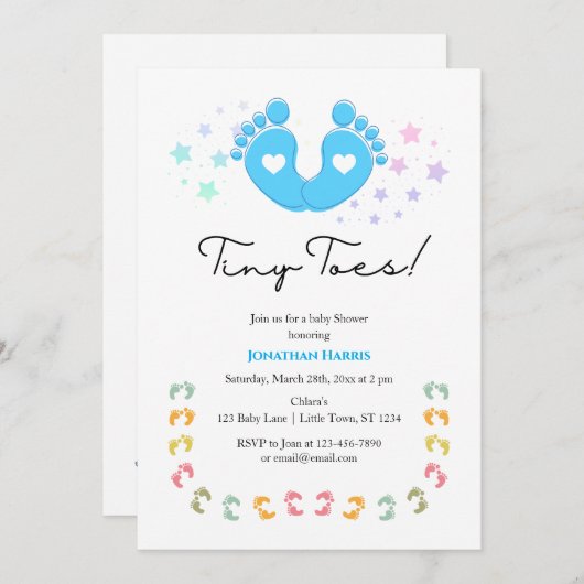 Blue Tiny Toes Baby shower Invitation Kaart (Voorkant / Achterkant)