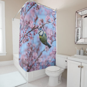 Blue Tit Bird in Pink Japanse Cherry Blossom Douchegordijn