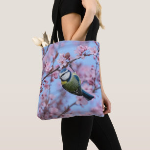 Blue Tit Bird in Pink Japanse Cherry Blossom Draagtas