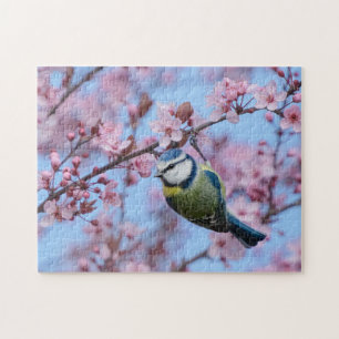 Blue Tit Bird in Pink Japanse Cherry Blossom Legpuzzel