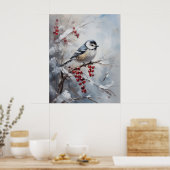 Blue Tit Bird on Snowy Berries Winter Art Poster (Keuken)