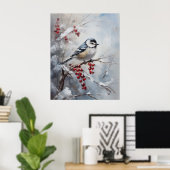 Blue Tit Bird on Snowy Berries Winter Art Poster (Thuiskantoor)