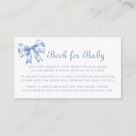 Blue Toile Bow Boek voor Baby shower Informatiekaartje (Voorkant)
