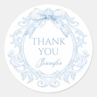 Blue Toile Bow Frame Baby Boy Shower Thank You Ronde Sticker