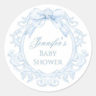 Blue Toile Bow Frame Chic Baby Boy Shower Ronde Sticker