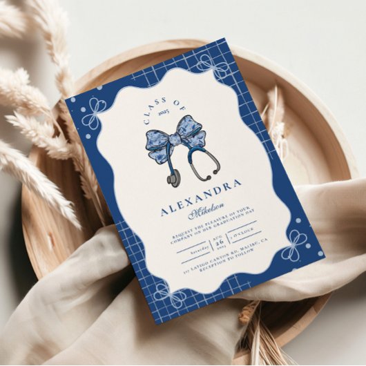 Blue Toile Bow Nurse School Afstudeerder Kaart