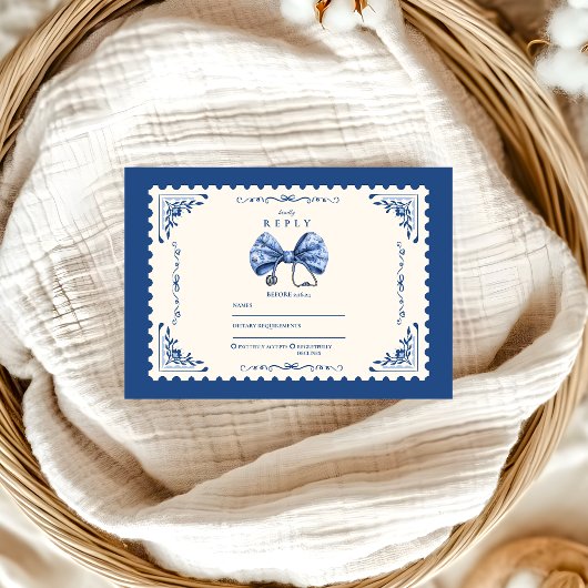 Blue Toile Bow Nursing School Afstuderen RSVP Kaartje