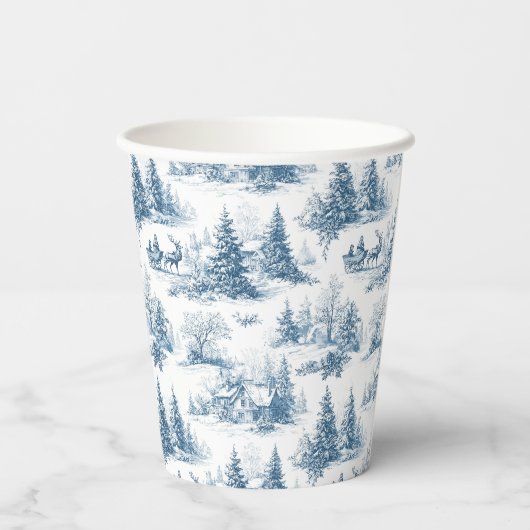 Blue Toile Christmas Pattern Papieren Bekers (Achterkant)
