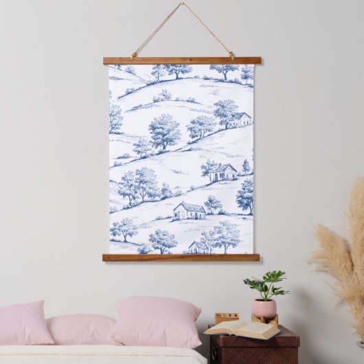 Blue Toile Countryside Scene (7) Hangend Wandkleed (Slaapkamer)