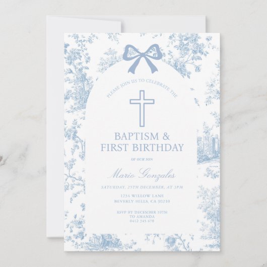 Blue Toile de Jouy Baptism & First Birthday Bow Kaart (Voorkant)