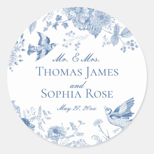 Blue Toile De Jouy  Bloemen Huwelijk Ronde Sticker (Voorkant)