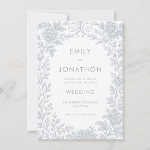 Blue Toile De Jouy Border Wedding Sla de datum op Kaart