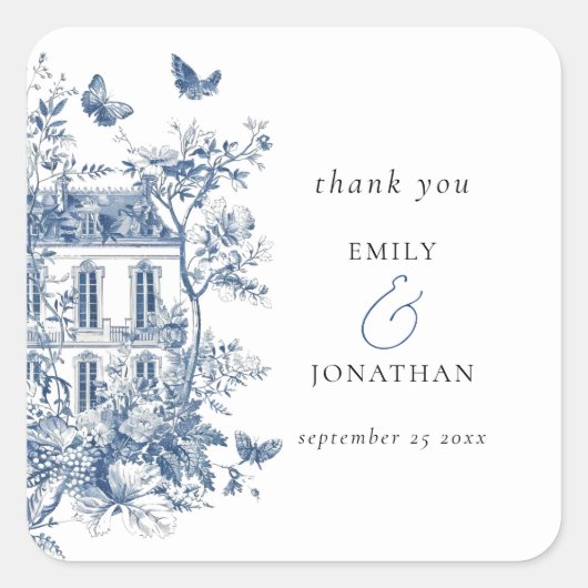 Blue Toile De Jouy bruiloft dank u Vierkante Sticker (Voorkant)