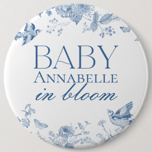 Blue Toile De Jouy  Floral Baby shower Ronde Button 6,0 Cm