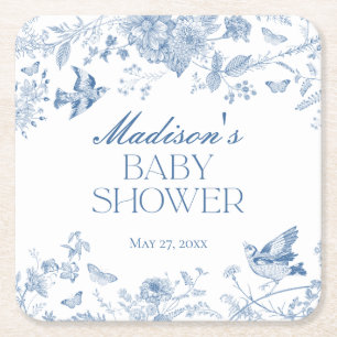 Blue Toile De Jouy Floral Baby shower Vierkante Kartonnen Onderzetter