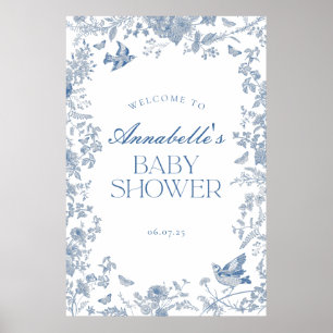 Blue Toile de Jouy Floral Baby shower Welkomstbord Poster