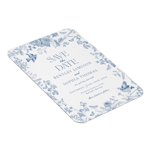 Blue Toile De Jouy Franse Bloemen Bewaar de datum Magneet (Rechterzijde)
