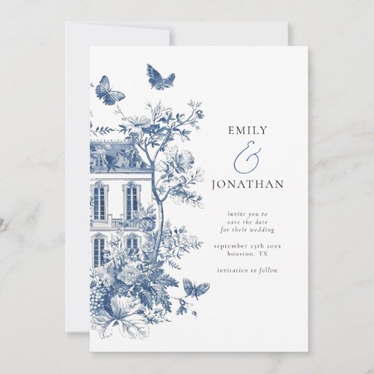 Blue Toile De Jouy QR Bruiloft Save the Date (Voorkant)