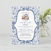 Blue Toile de jouy Tea Party Afscheidsfeest Brunch Kaart (Staand voorkant)