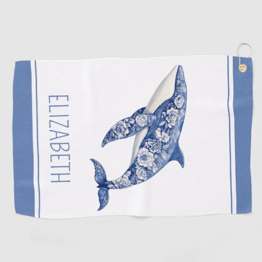 Blue Toile Floral Beach Dolfijn Gepersonaliseerd Golfhanddoek (Horizontaal)