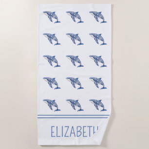 Blue Toile Floral Beach Dolfijn Gepersonaliseerd Strandlaken