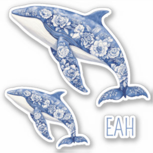 Blue Toile Floral Beach Dolfijnen Monogram Sticker
