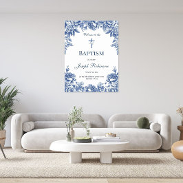 Blue Toile Flower Baptism Poster