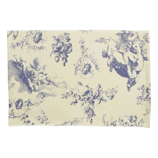 Blue Toile French Country Cherub Pattern Kussensloop (Voorkant-Links)