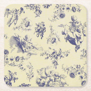 Blue Toile French Country Cherub Pattern Vierkante Kartonnen Onderzetter