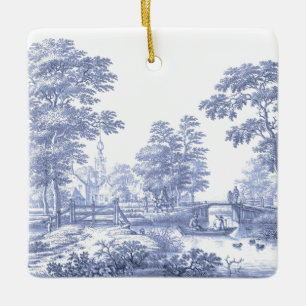 Blue Toile  French Pastoral Bridge Boat Keramisch Ornament
