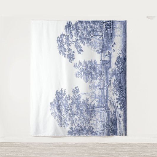 Blue Toile French Pastoral Bridge Boat Wandkleed (Voorkant)