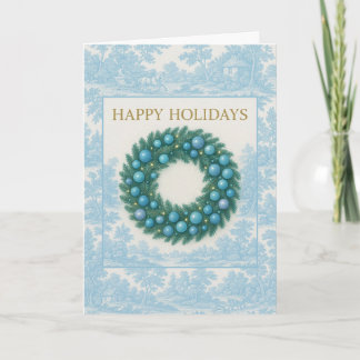 Blue Toile Holiday Card with Winter Wreath Kaart