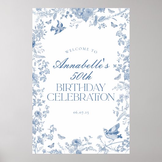 Blue Toile Jouy Floral Anniversaire Affiche de bie (Devant)
