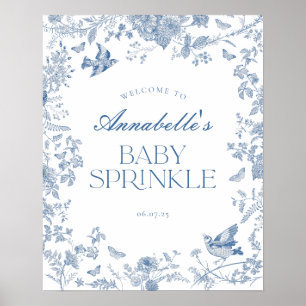 Blue Toile Jouy Floral Baby Sprinkle Welkom Teken Poster