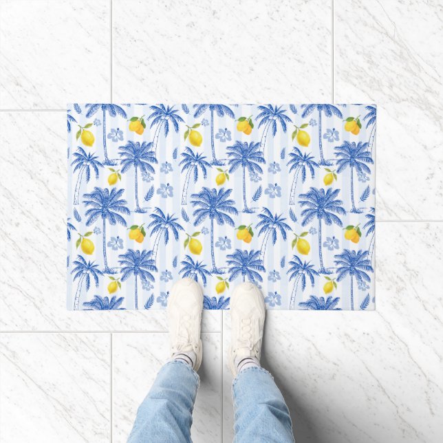 Blue Toile Palm Trees Lemons  Deurmat (Binnen)