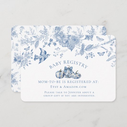 Blue Toile Pumpkin  Floral Baby Registry Informatiekaartje (Voorkant / Achterkant)