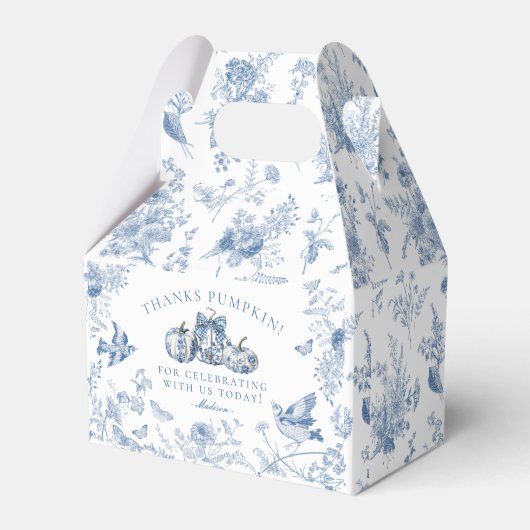 Blue Toile Pumpkin French Fall Dessert Favor Boxes Bedankdoosjes (Voorkant Zijde)