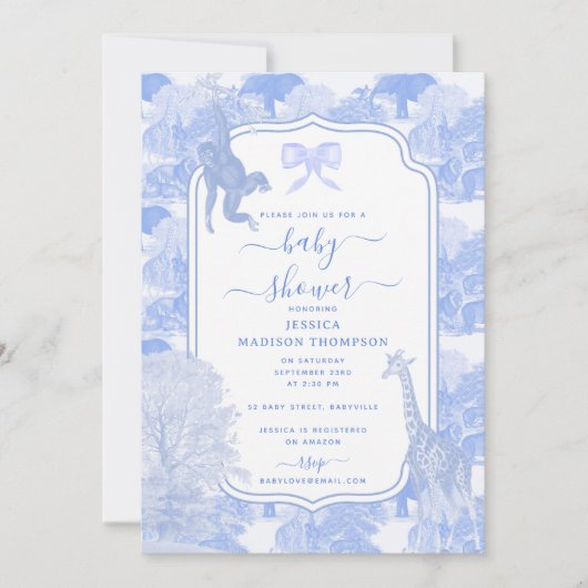 Blue Toile Safari Animals Chinoiserie Baby shower Kaart (Voorkant)